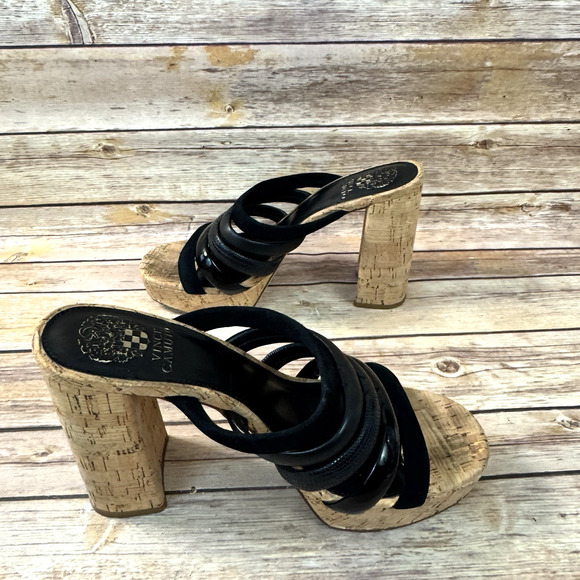 Vince Camuto Womens Black Strappy Patrest Cork Platform and Heel Slip On Sandals - Picture 5 of 8